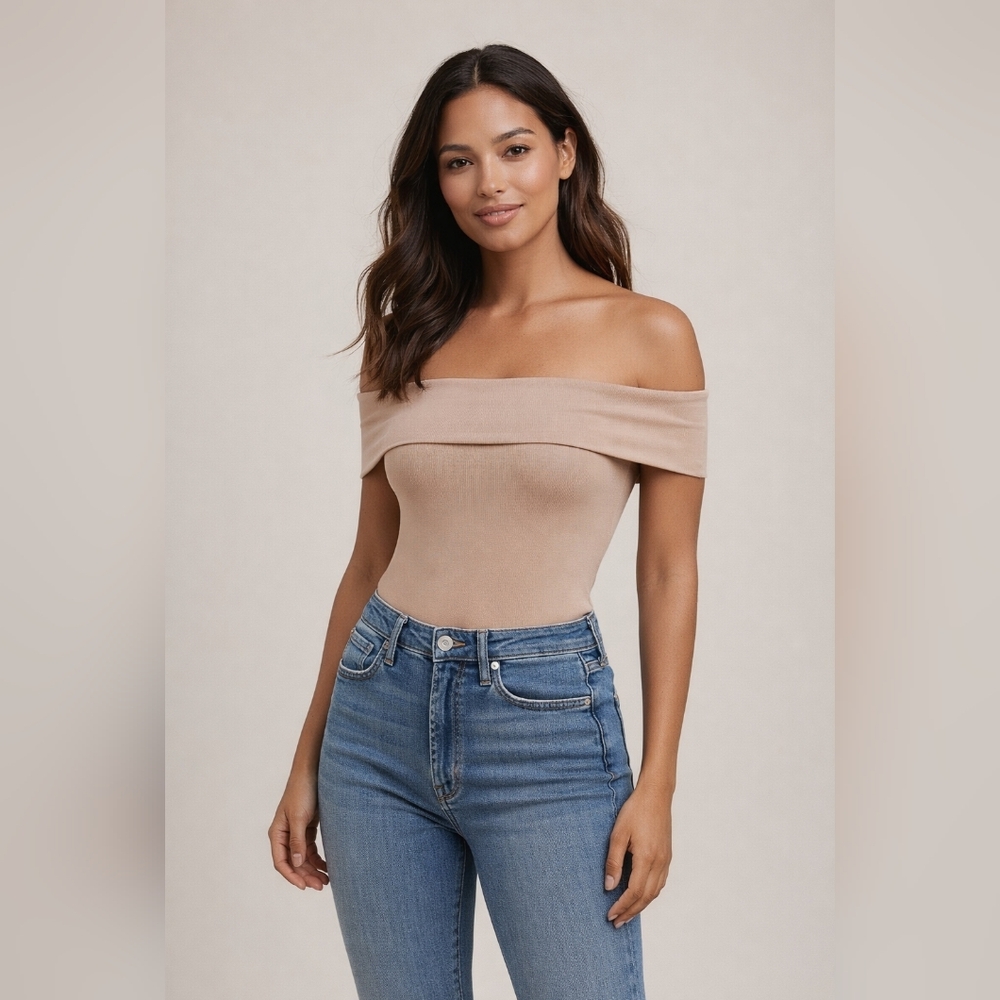 Express Women’s Off-Shoulder Bodysuit – Nude Beige Cotton Spandex Double Layer F